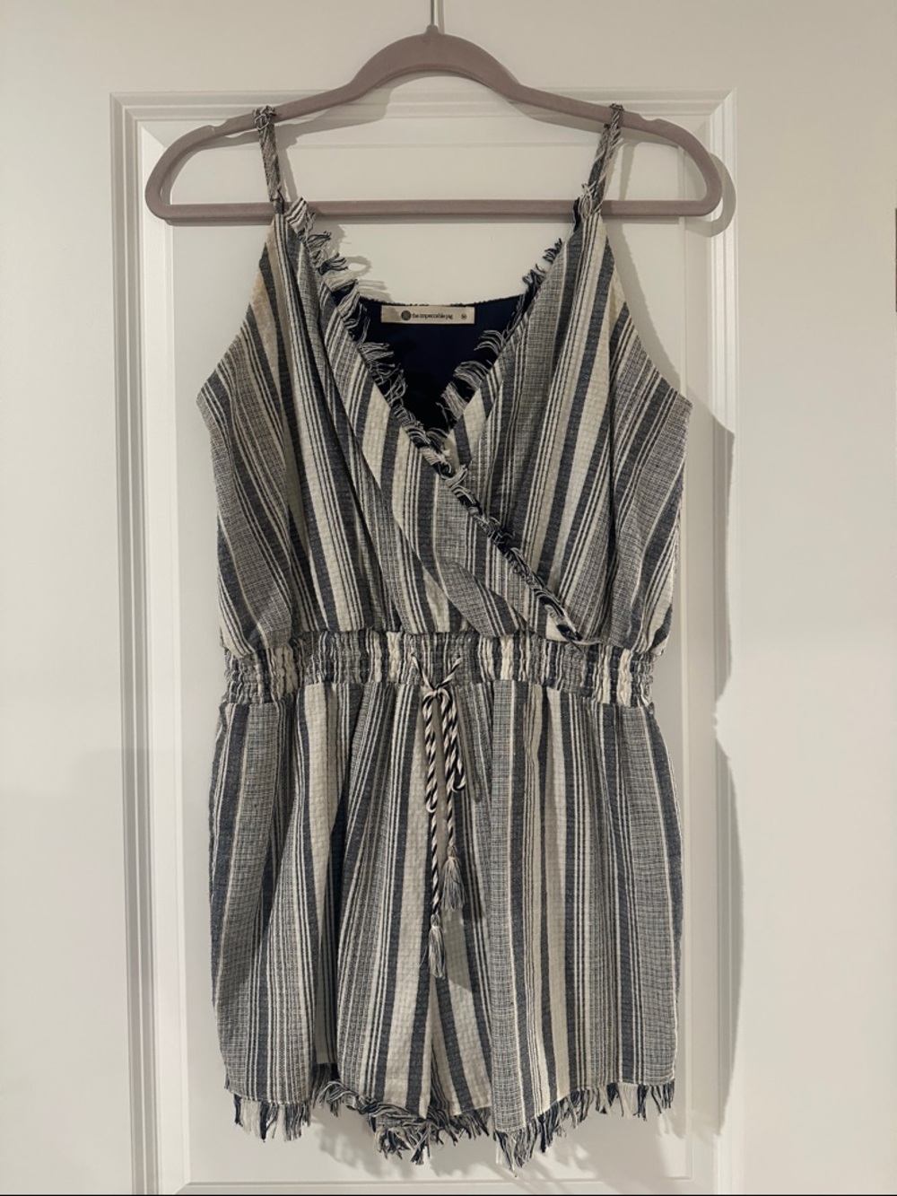 The Impeccable Pig Navy & Cream Fringed V-Neck Romper